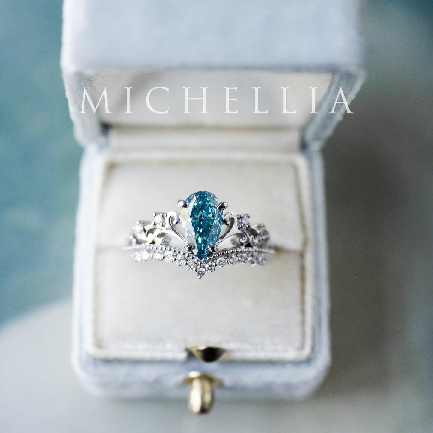 [Francesca] IGI Certified French Blue Diamond Pear Cut Platinum Engagement Ring, One of A Kind & Ready-to-Ship