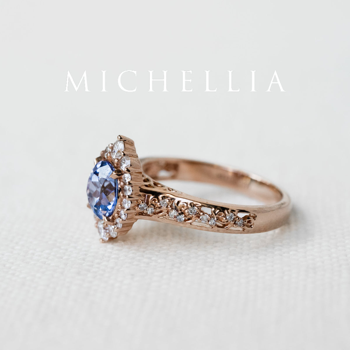 [Ophelia] Periwinkle Light Blue Sapphire Engagement Ring, 14K Rose Gold - One of A Kind