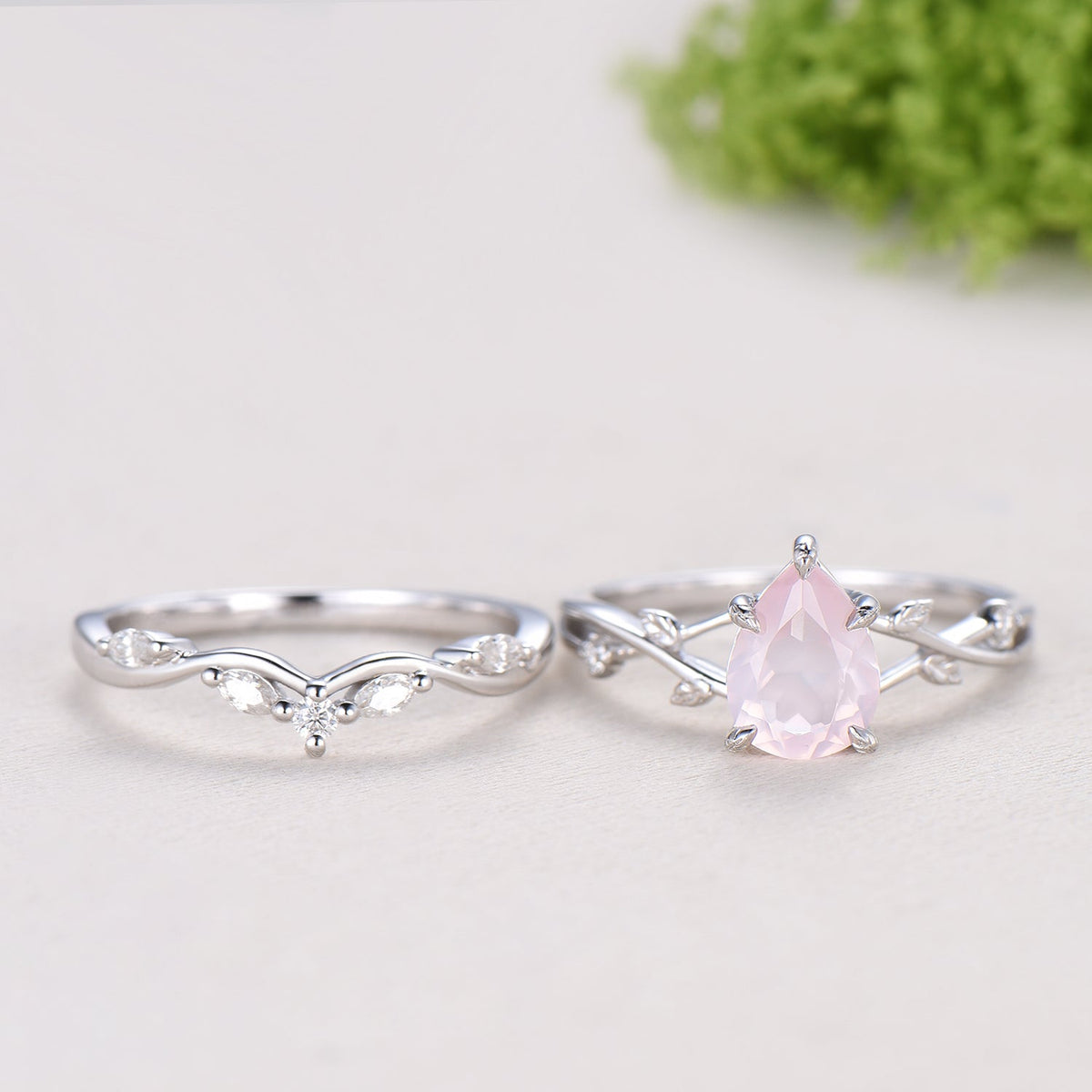 Rose Quartz Engagement Ring Set: Vintage Leaf Twig Bridal Set