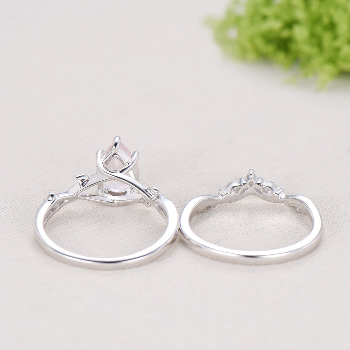 Rose Quartz Engagement Ring Set: Vintage Leaf Twig Bridal Set