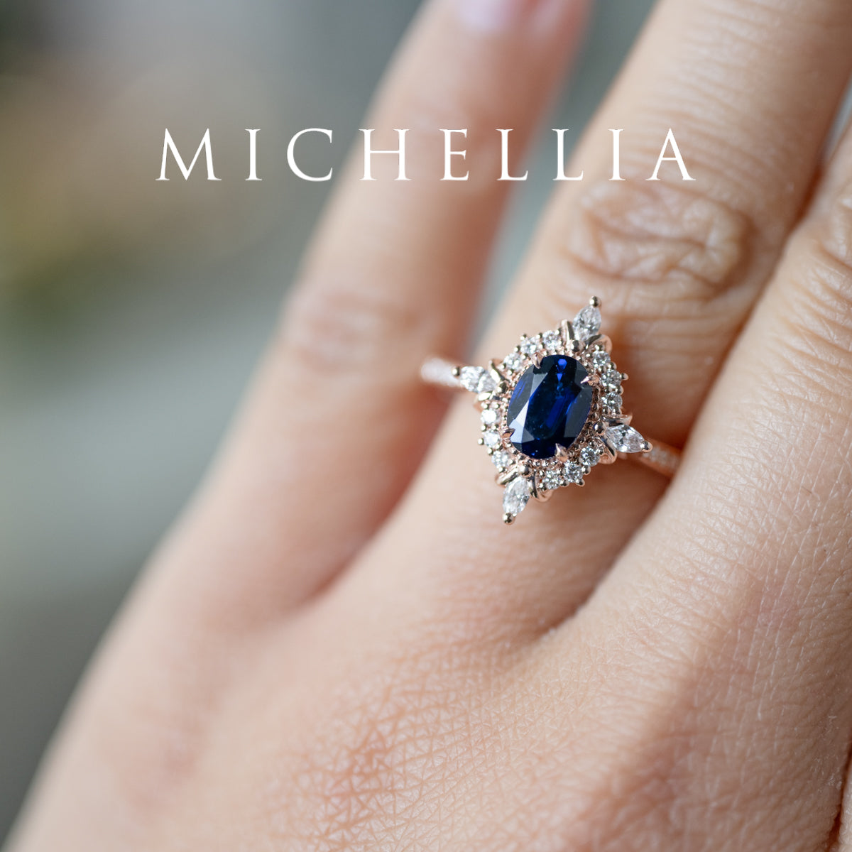 [Alessandra] Art Deco Oval Engagement Ring in Blue Sapphire