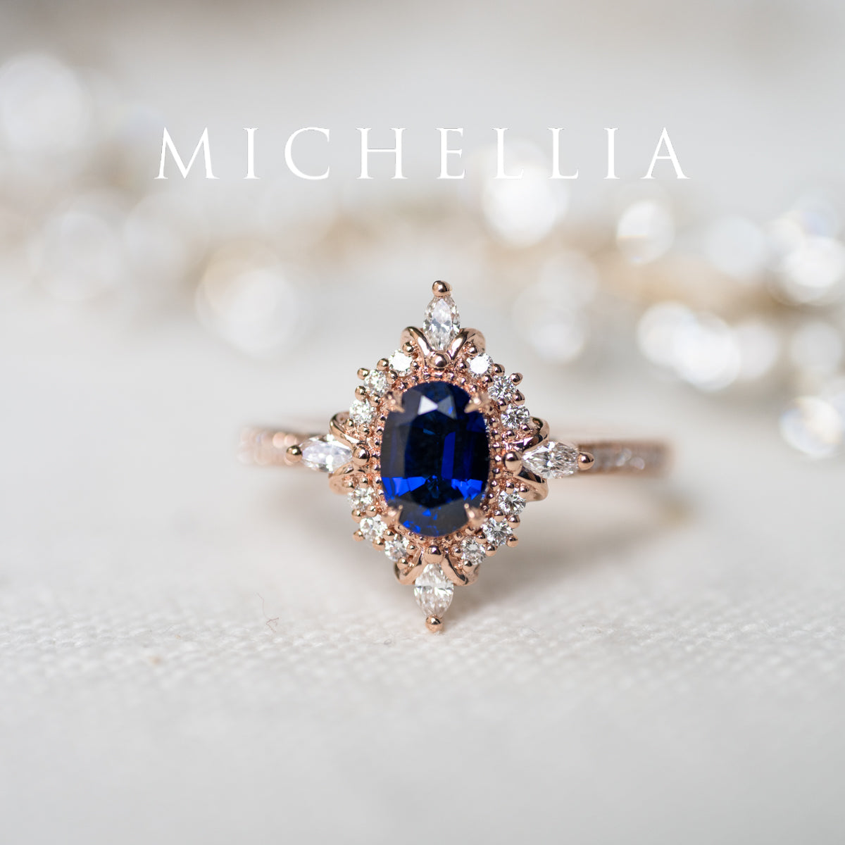 [Alessandra] Art Deco Oval Engagement Ring in Blue Sapphire