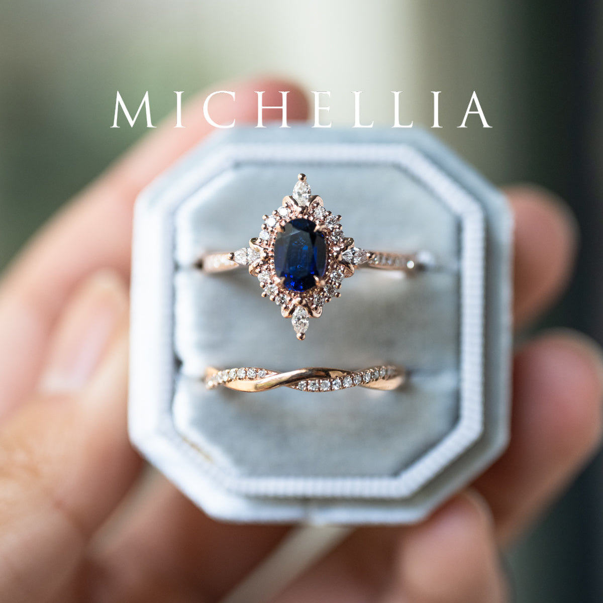 [Alessandra] Art Deco Oval Engagement Ring in Blue Sapphire