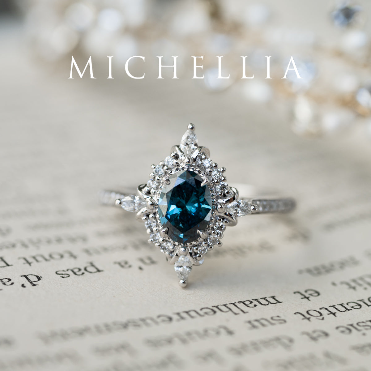 [Alessandra] IGI certified Teal Blue Diamond Engagement Ring, 14K White Gold - One of A Kind & Ready-to-Ship