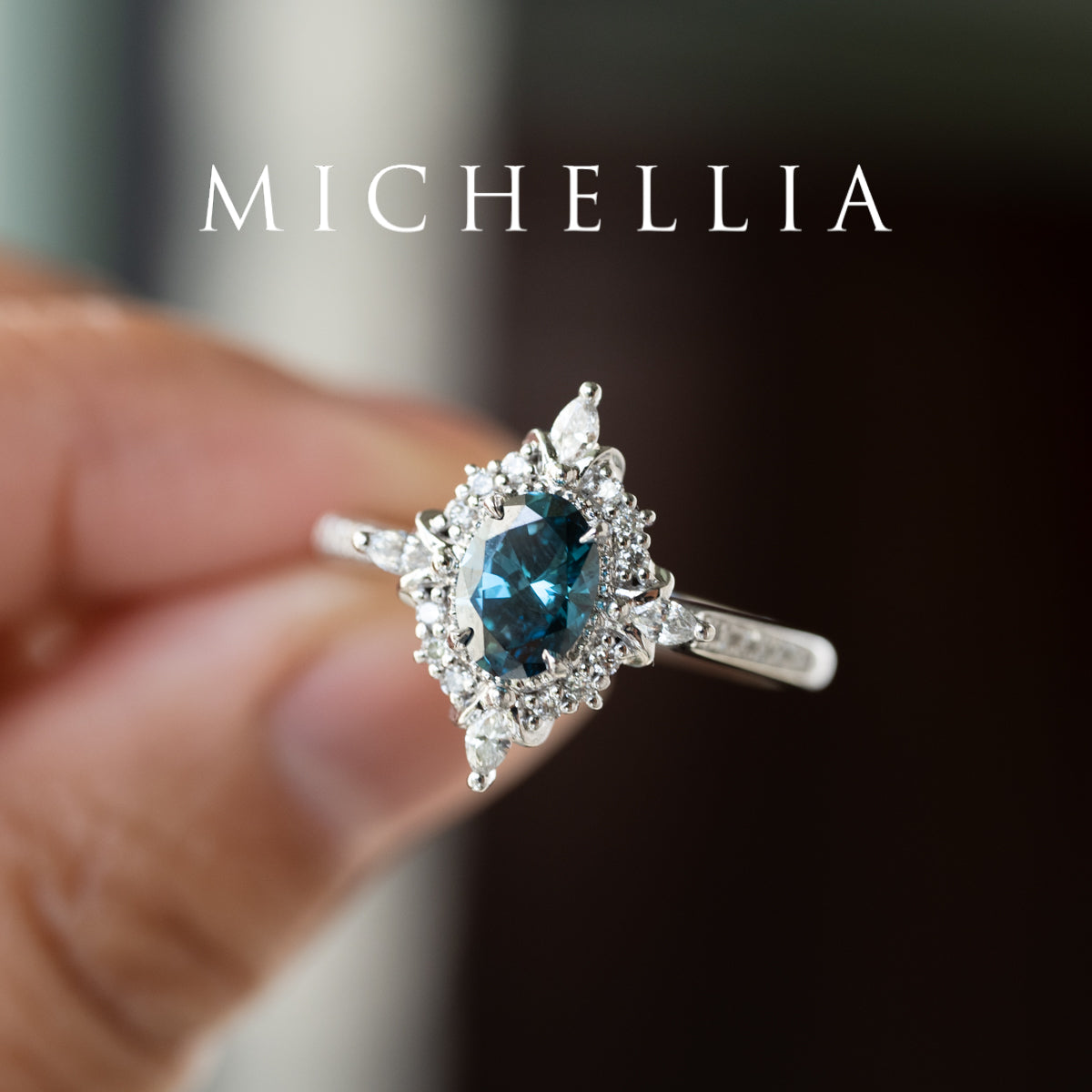 [Alessandra] IGI certified Teal Blue Diamond Engagement Ring, 14K White Gold - One of A Kind & Ready-to-Ship
