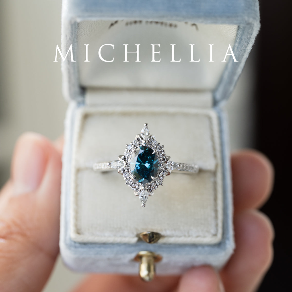 [Alessandra] IGI certified Teal Blue Diamond Engagement Ring, 14K White Gold - One of A Kind & Ready-to-Ship