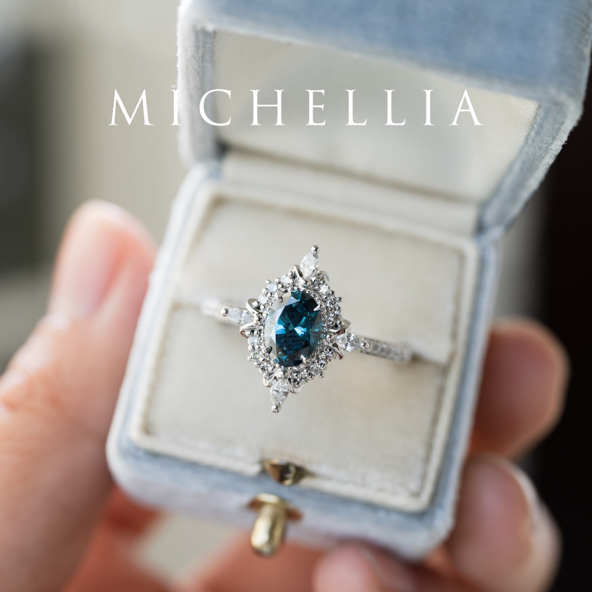 [Alessandra] IGI certified Teal Blue Diamond Engagement Ring, 14K White Gold - One of A Kind & Ready-to-Ship