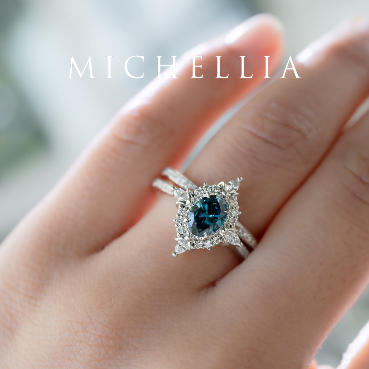 [Alessandra] IGI certified Teal Blue Diamond Engagement Ring, 14K White Gold - One of A Kind & Ready-to-Ship