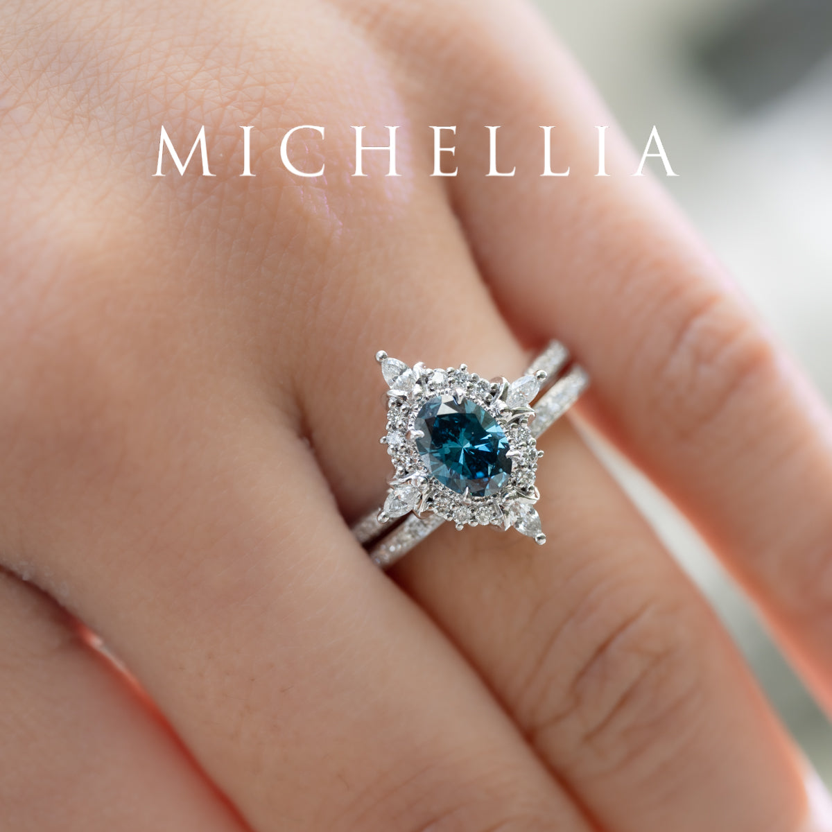 [Alessandra] IGI certified Teal Blue Diamond Engagement Ring, 14K White Gold - One of A Kind & Ready-to-Ship