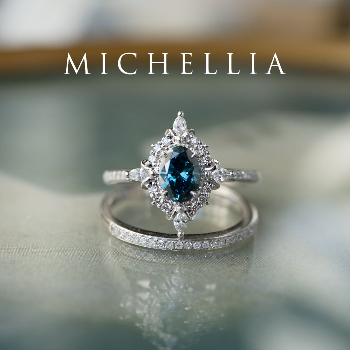 [Alessandra] IGI certified Teal Blue Diamond Engagement Ring, 14K White Gold - One of A Kind & Ready-to-Ship