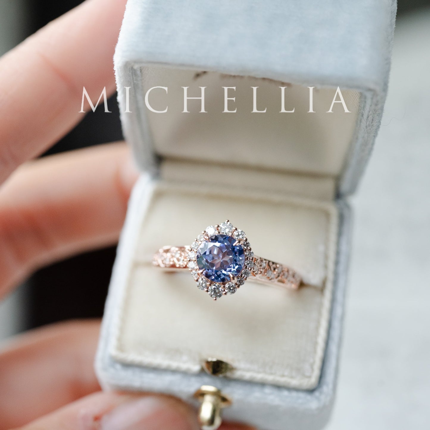 [Ophelia] Periwinkle Light Blue Sapphire Engagement Ring, 14K Rose Gold - One of A Kind