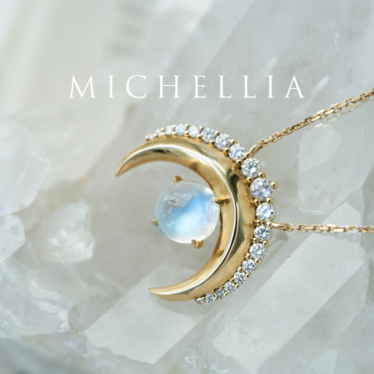 [Serena] Sailor Moon Inspired Moonstone Diamond Necklace in Solid 14K Yellow Gold  - One of A Kind & Ready-to-Ship