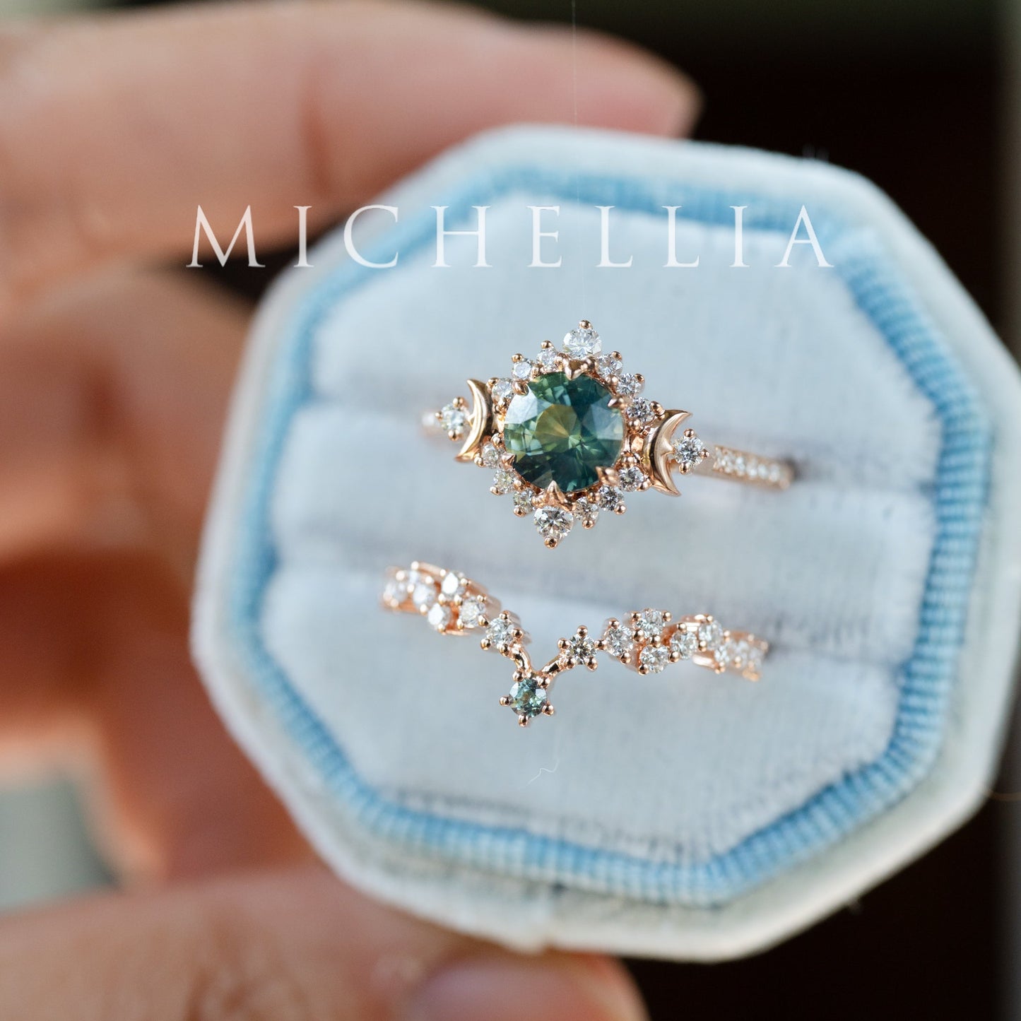 [Selene] Natural Teal Sapphire Moon Goddess Engagement Ring w/ Pave Shank, 18K Rose Gold, One of A Kind & Ready-to-Ship