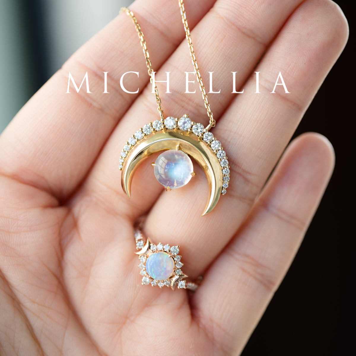 [Serena] Sailor Moon Inspired Moonstone Diamond Necklace in Solid 14K Yellow Gold  - One of A Kind & Ready-to-Ship