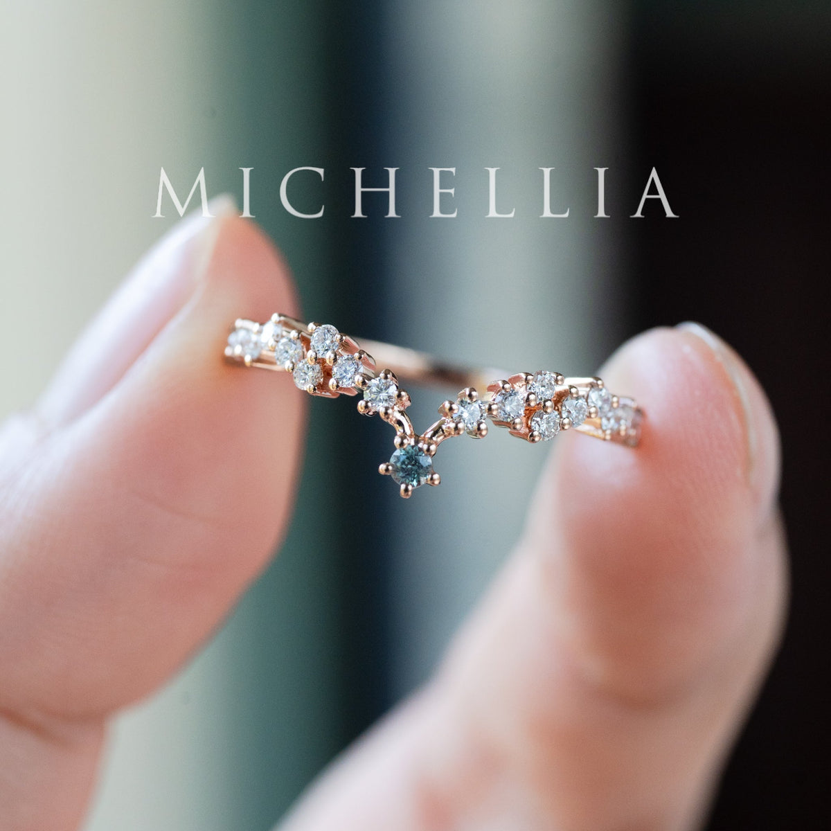 [Selene] Natural Teal Sapphire Moon Goddess Engagement Ring w/ Pave Shank, 18K Rose Gold, One of A Kind & Ready-to-Ship