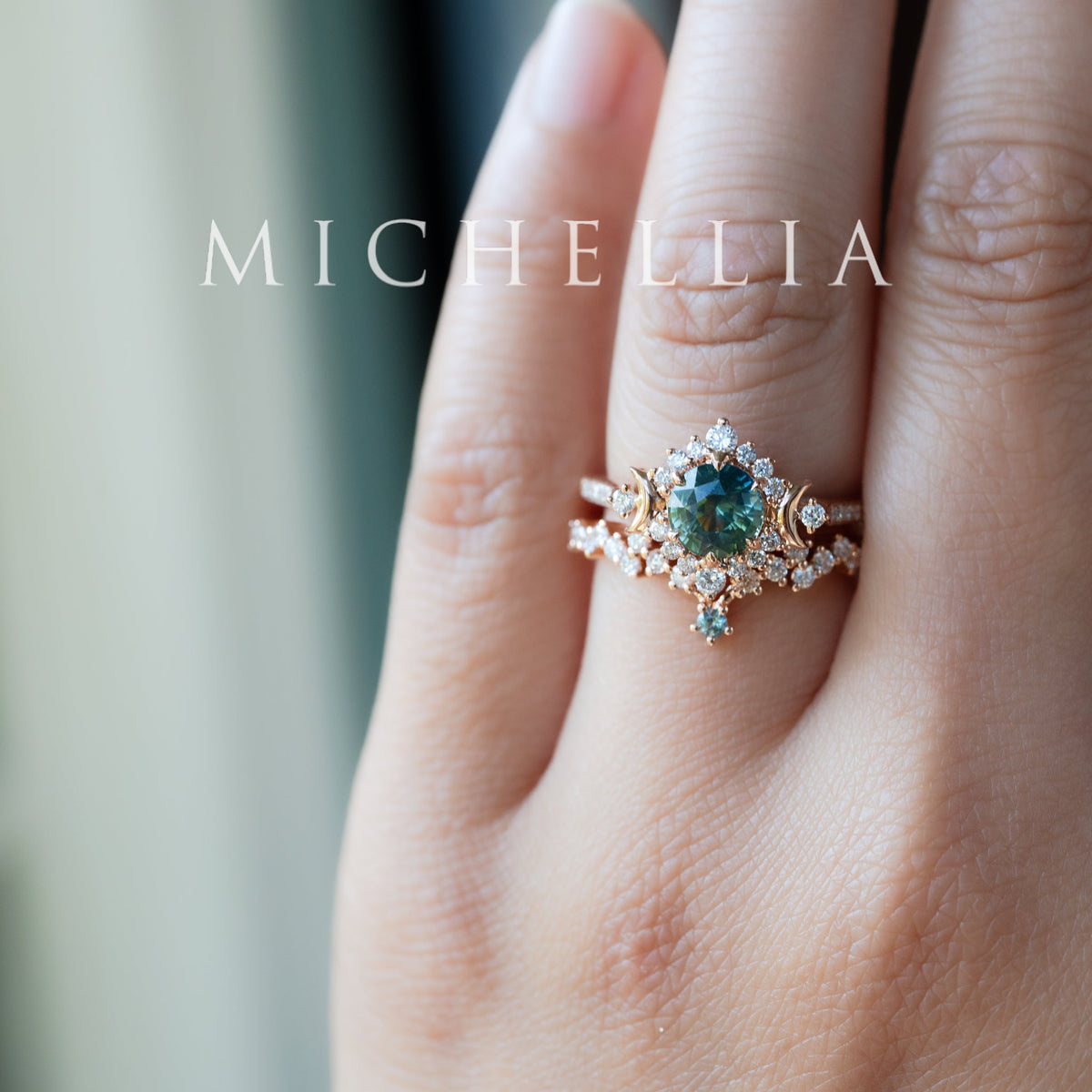 [Selene] Natural Teal Sapphire Moon Goddess Engagement Ring w/ Pave Shank, 18K Rose Gold, One of A Kind & Ready-to-Ship