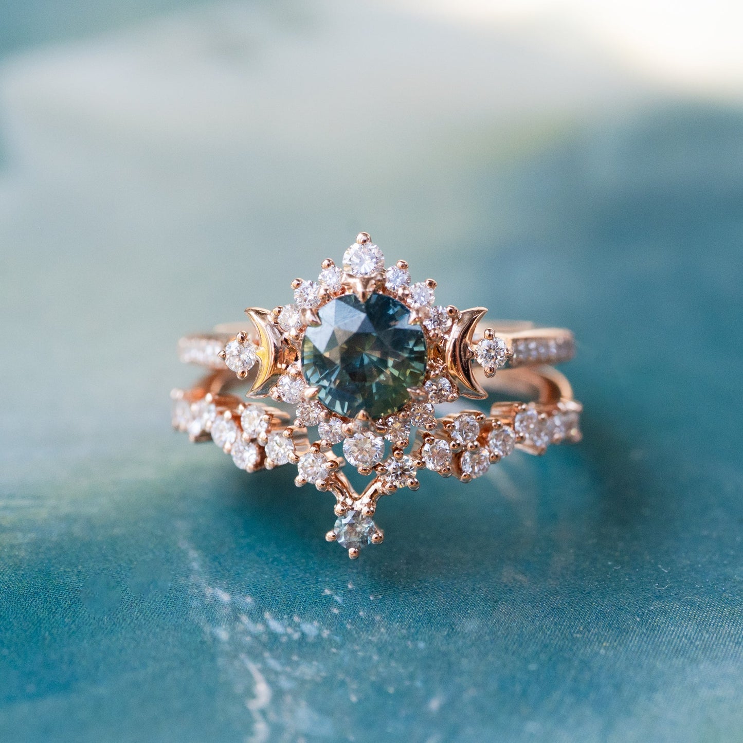 [Selene] Natural Teal Sapphire Moon Goddess Engagement Ring w/ Pave Shank, 18K Rose Gold, One of A Kind & Ready-to-Ship
