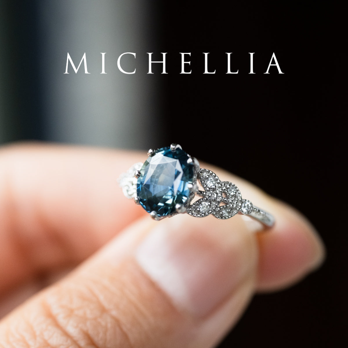 [Olivia] Enchanted Forest Natural 1.80ct Teal Sapphire Oval Floral Engagement Ring, 14K White Gold - One of A Kind & Ready-to-Ship