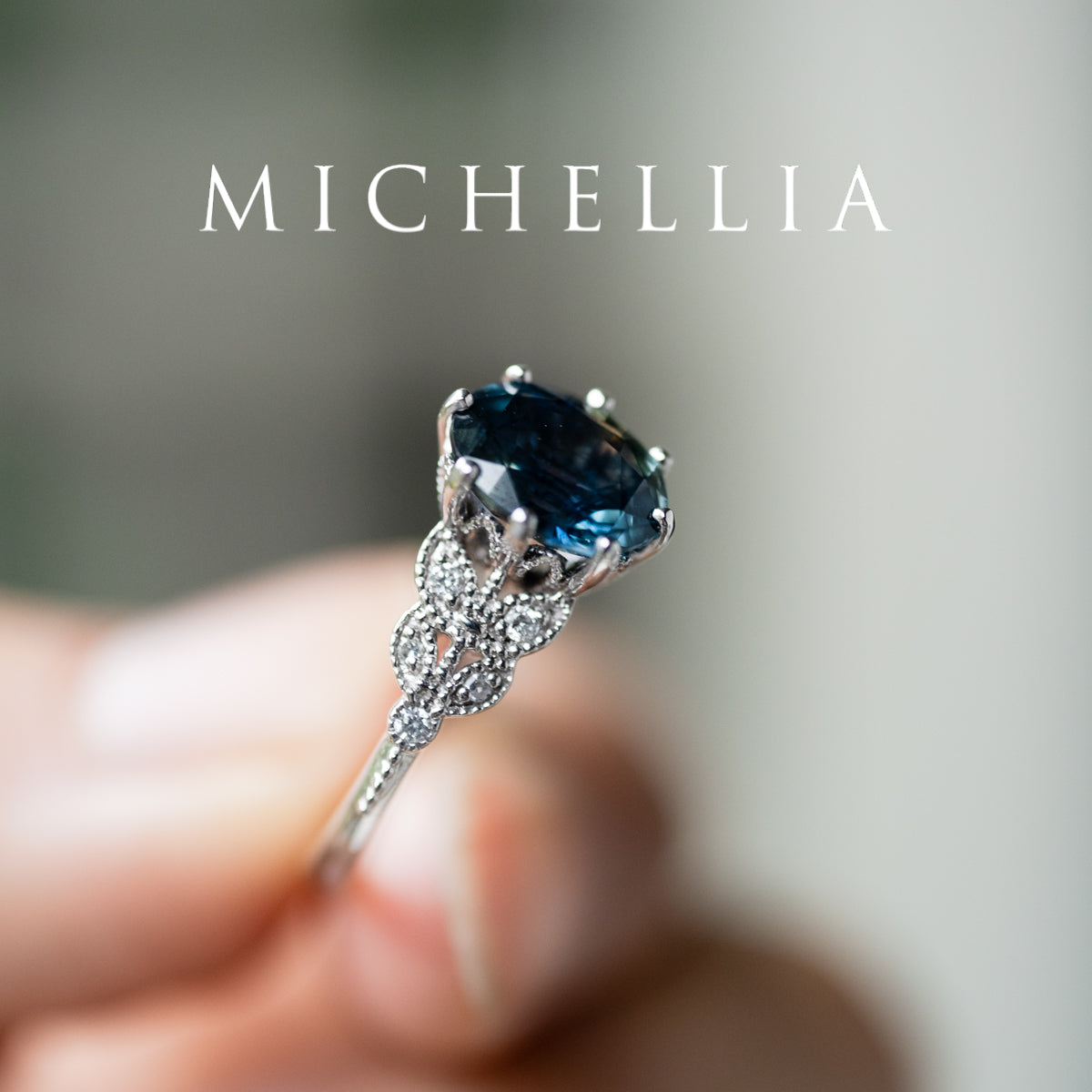 [Olivia] Enchanted Forest Natural 1.80ct Teal Sapphire Oval Floral Engagement Ring, 14K White Gold - One of A Kind & Ready-to-Ship