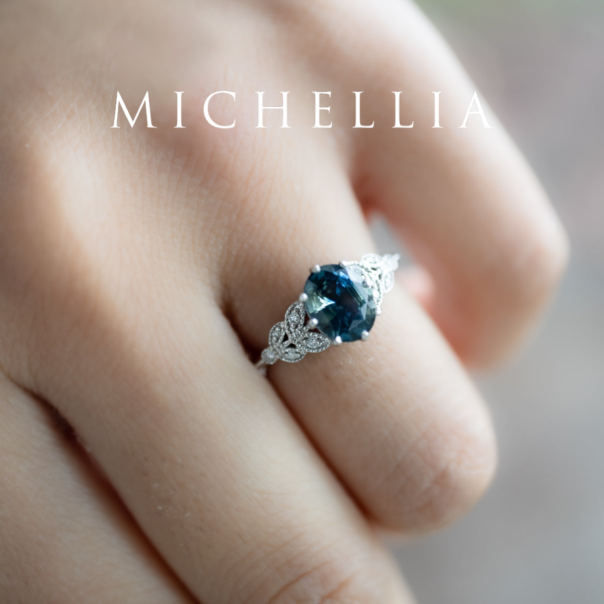 [Olivia] Enchanted Forest Natural 1.80ct Teal Sapphire Oval Floral Engagement Ring, 14K White Gold - One of A Kind & Ready-to-Ship