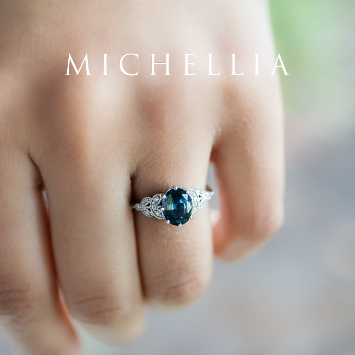[Olivia] Enchanted Forest Natural 1.80ct Teal Sapphire Oval Floral Engagement Ring, 14K White Gold - One of A Kind & Ready-to-Ship