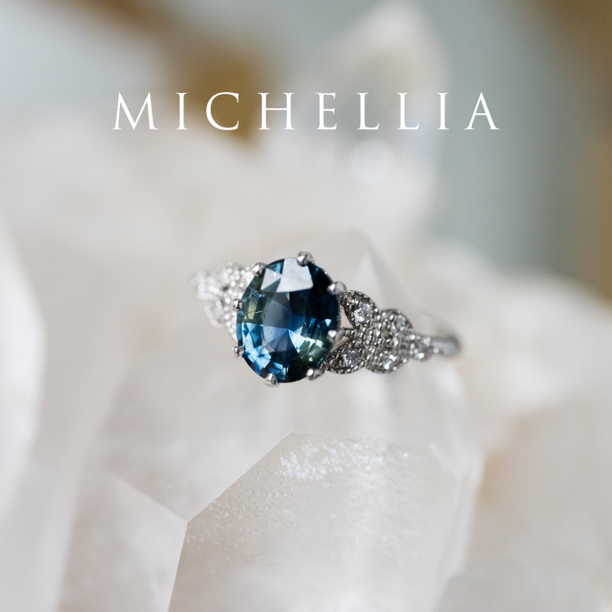 [Olivia] Enchanted Forest Natural 1.80ct Teal Sapphire Oval Floral Engagement Ring, 14K White Gold - One of A Kind & Ready-to-Ship