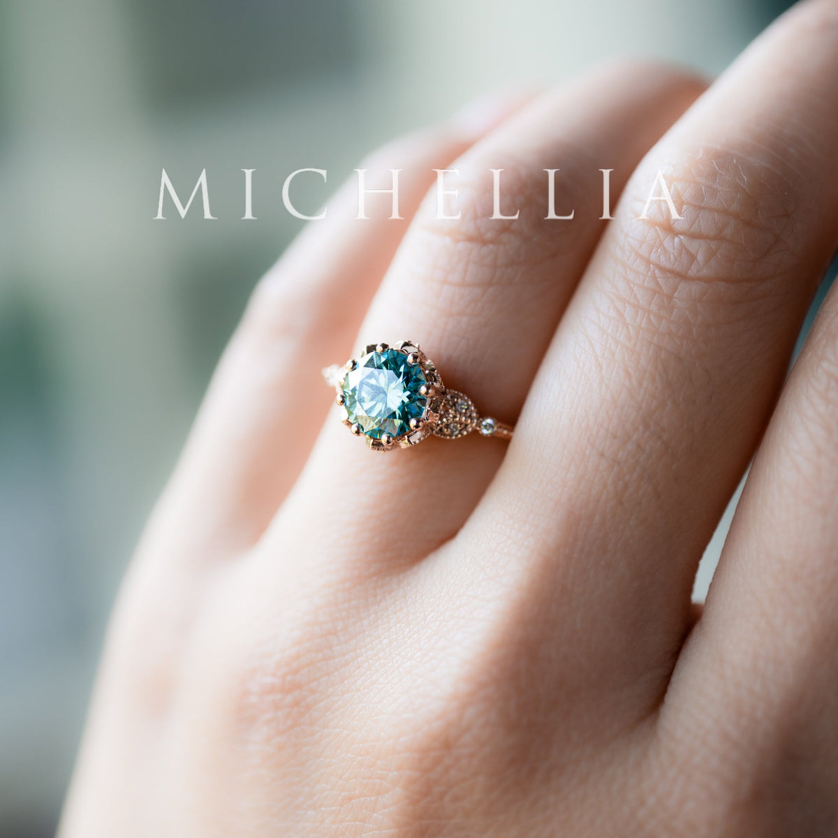 [Evanthe] Bloom of the Sea - IGI Certified Teal Blue Diamond Vintage Floral Engagement Ring, One of A Kind & Ready-to-Ship