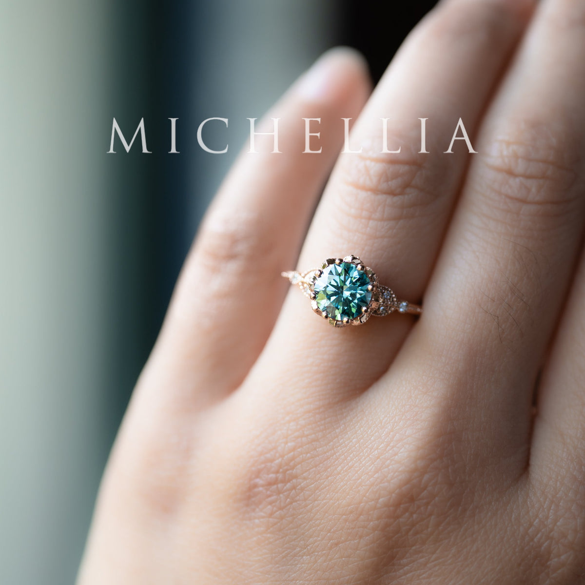 [Evanthe] Bloom of the Sea - IGI Certified Teal Blue Diamond Vintage Floral Engagement Ring, One of A Kind & Ready-to-Ship