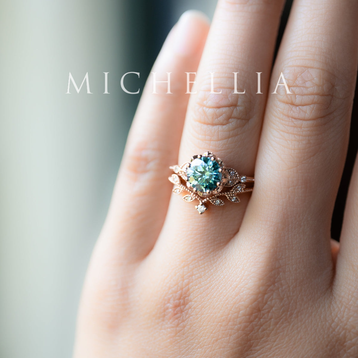 [Evanthe] Bloom of the Sea - IGI Certified Teal Blue Diamond Vintage Floral Engagement Ring, One of A Kind & Ready-to-Ship