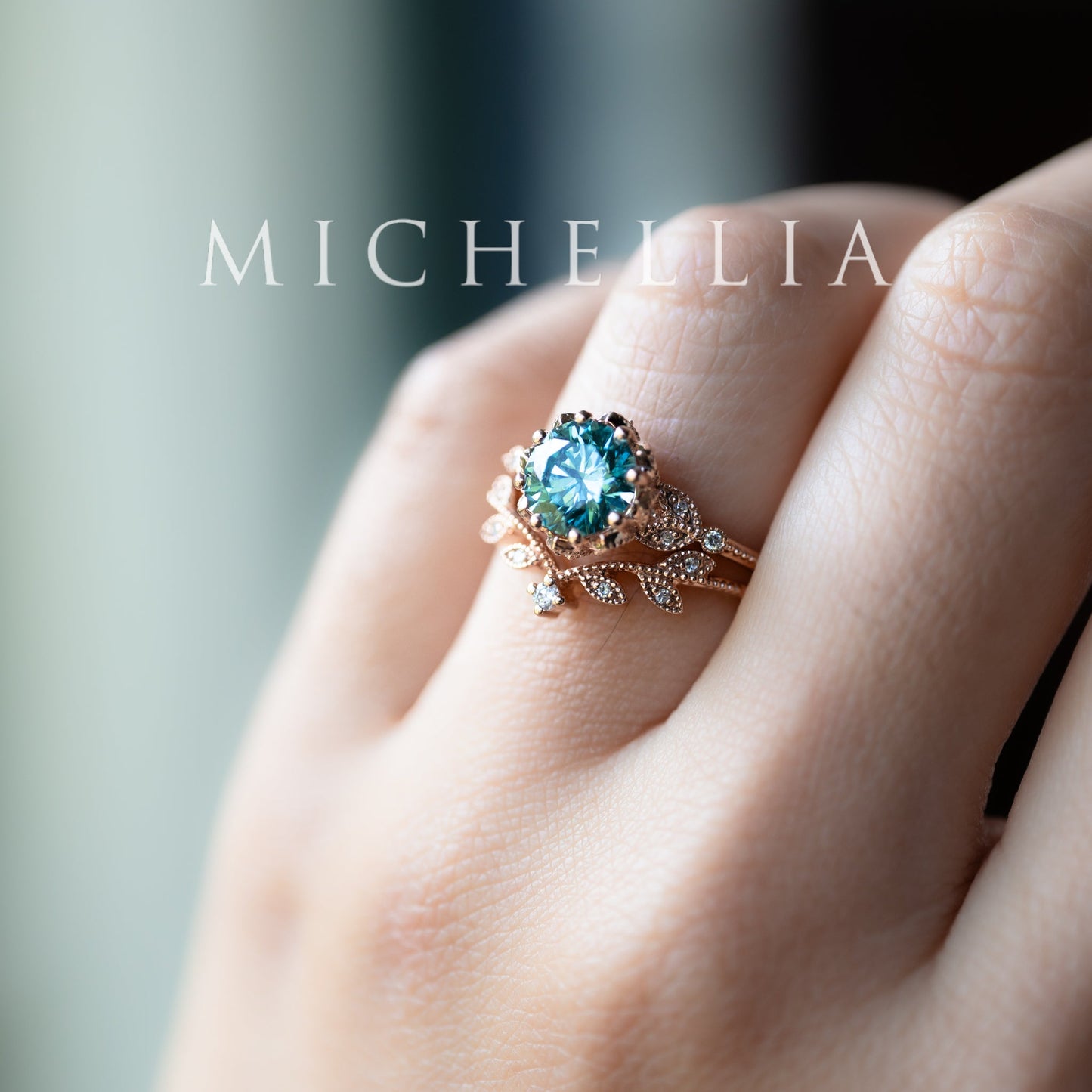 [Evanthe] Bloom of the Sea - IGI Certified Teal Blue Diamond Vintage Floral Engagement Ring, One of A Kind & Ready-to-Ship