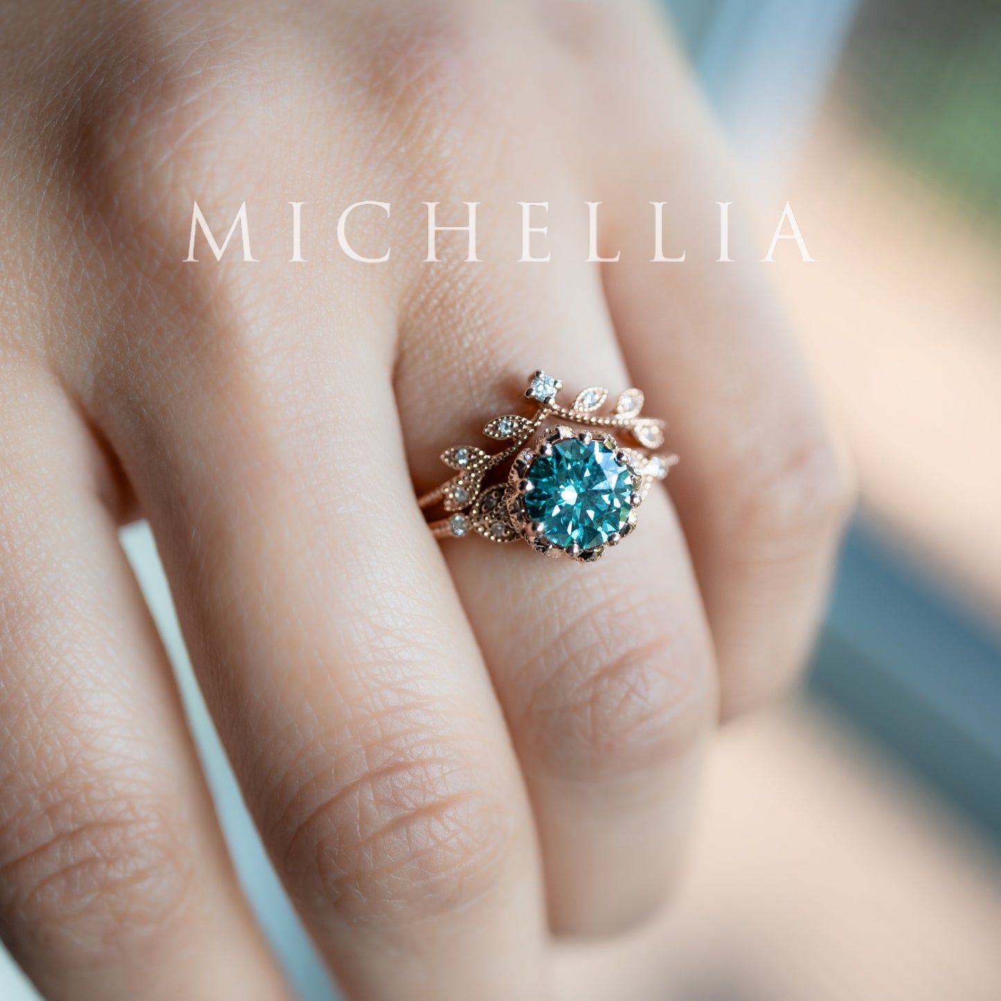 [Evanthe] Bloom of the Sea - IGI Certified Teal Blue Diamond Vintage Floral Engagement Ring, One of A Kind & Ready-to-Ship
