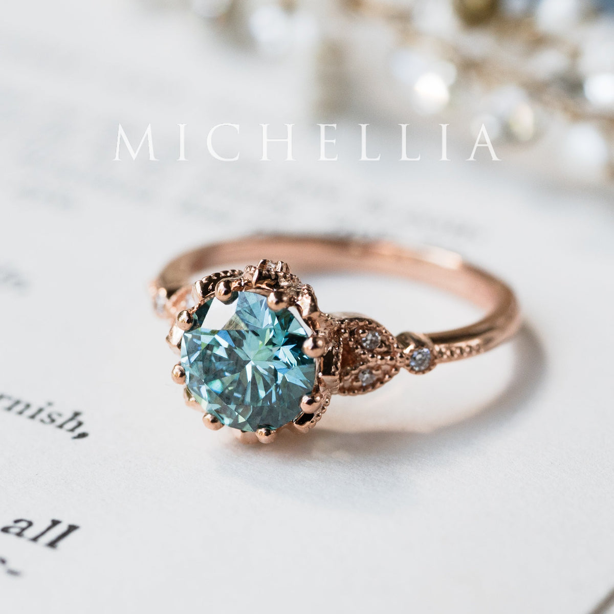 [Evanthe] Bloom of the Sea - IGI Certified Teal Blue Diamond Vintage Floral Engagement Ring, One of A Kind & Ready-to-Ship