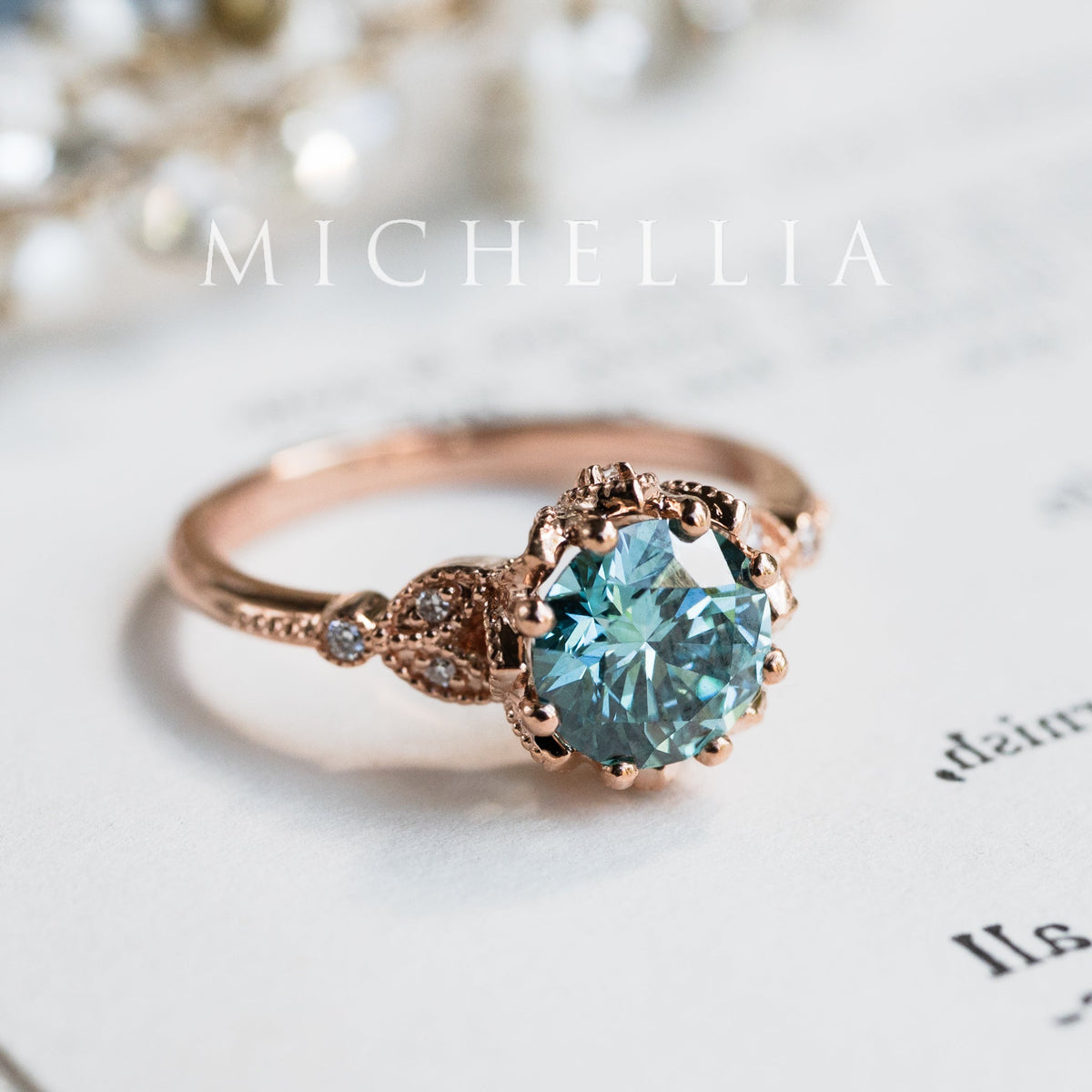 [Evanthe] Bloom of the Sea - IGI Certified Teal Blue Diamond Vintage Floral Engagement Ring, One of A Kind & Ready-to-Ship