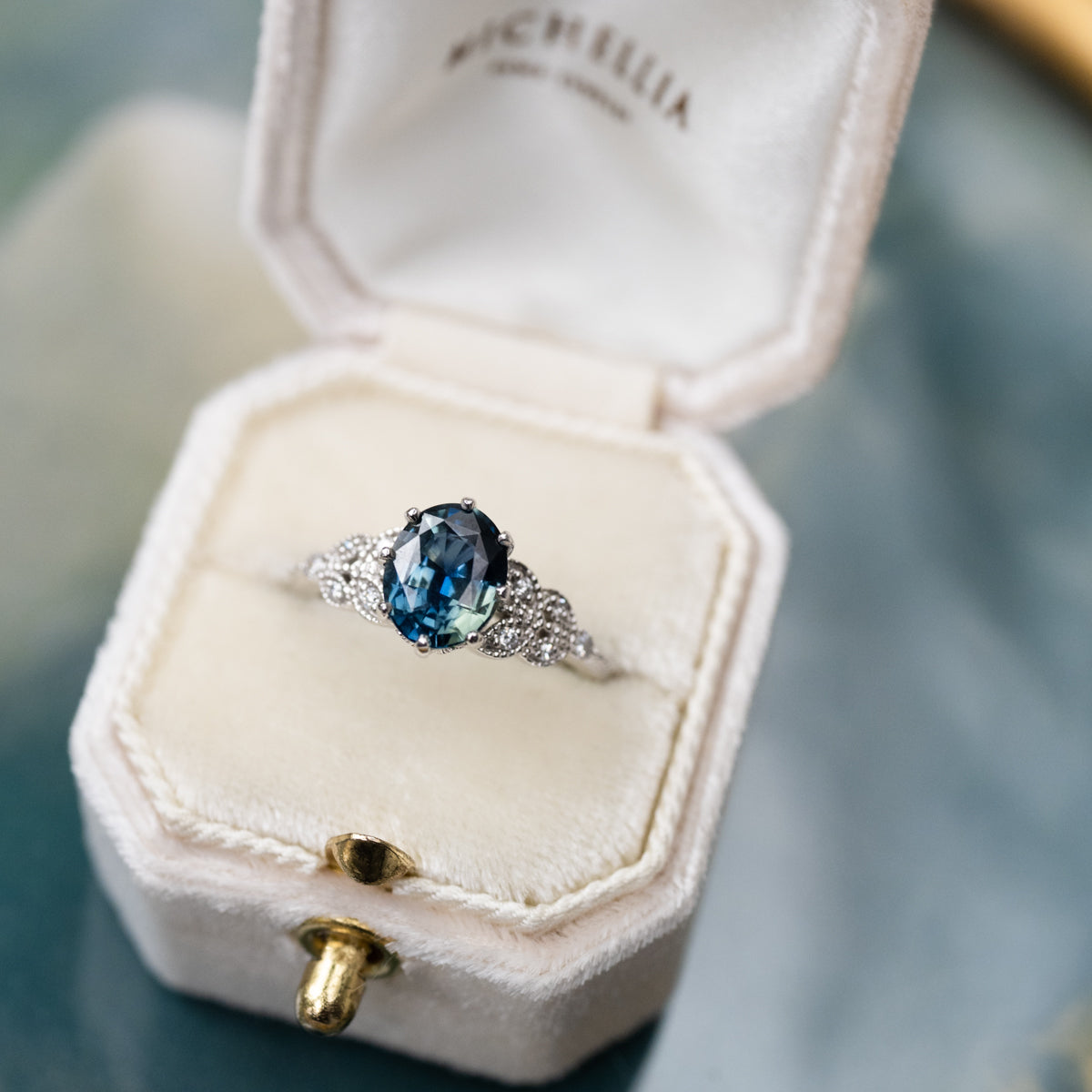 [Olivia] Enchanted Forest Natural 1.80ct Teal Sapphire Oval Floral Engagement Ring, 14K White Gold - One of A Kind & Ready-to-Ship