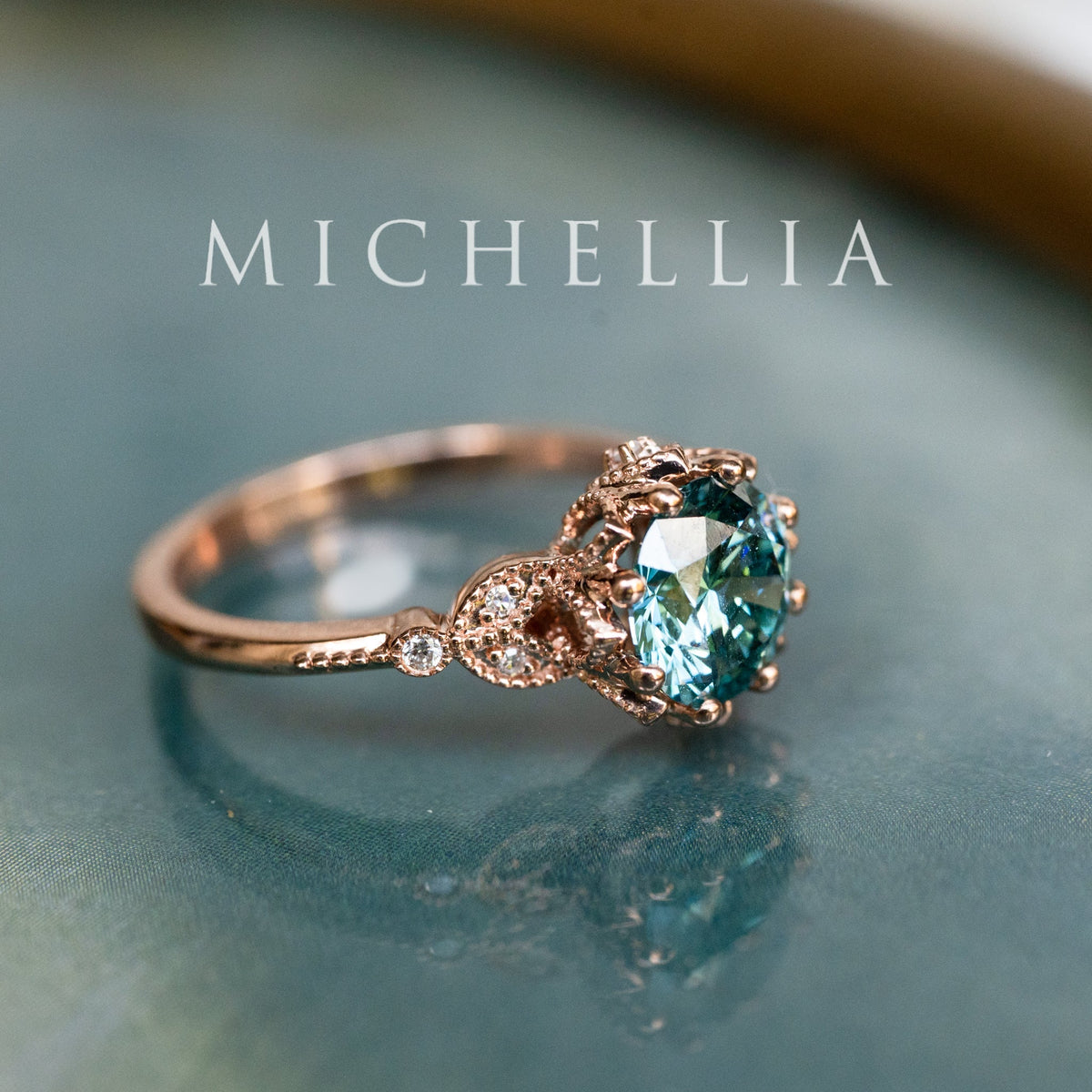 [Evanthe] Bloom of the Sea - IGI Certified Teal Blue Diamond Vintage Floral Engagement Ring, One of A Kind & Ready-to-Ship