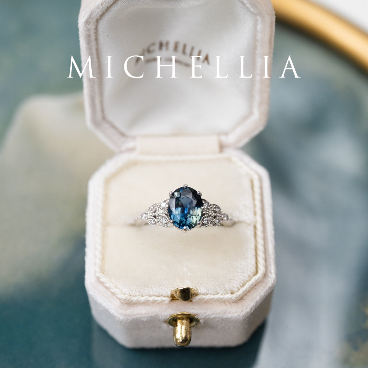 [Olivia] Enchanted Forest Natural 1.80ct Teal Sapphire Oval Floral Engagement Ring, 14K White Gold - One of A Kind & Ready-to-Ship