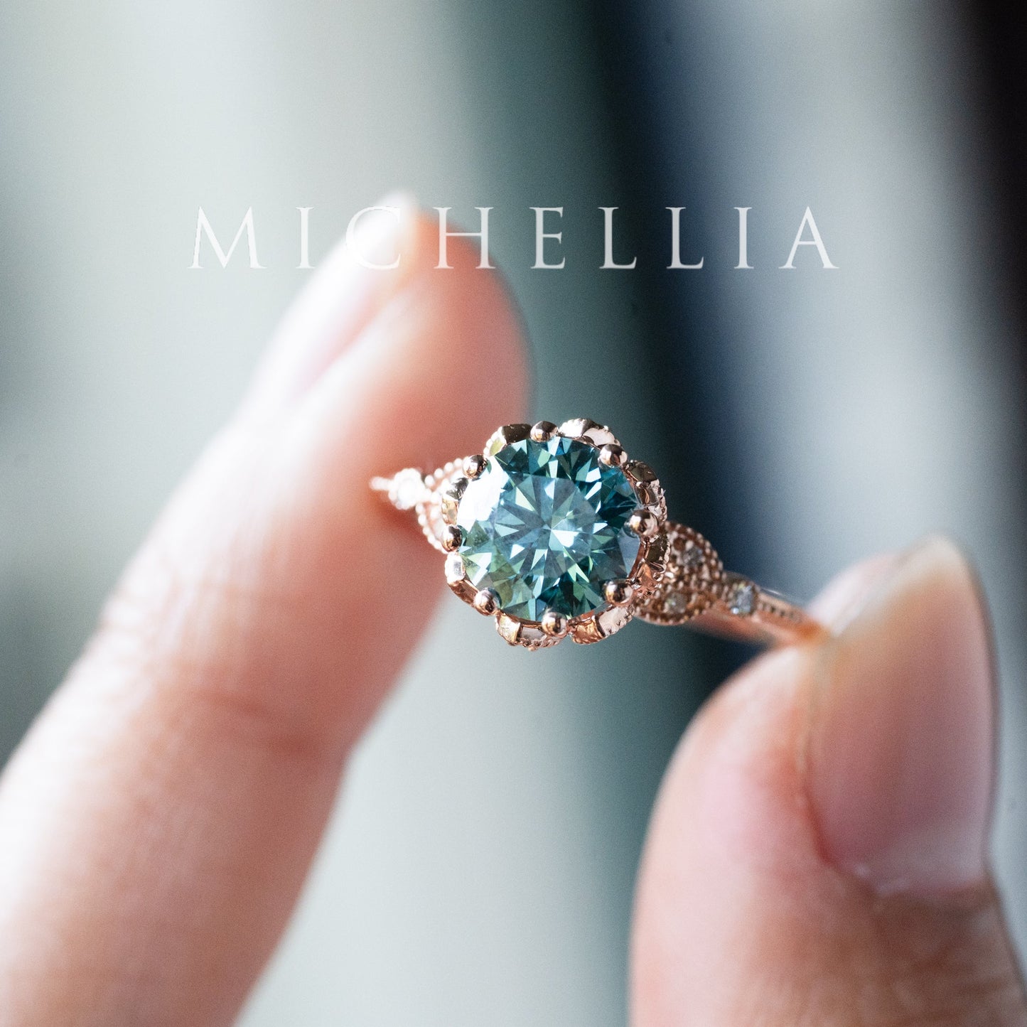 [Evanthe] Bloom of the Sea - IGI Certified Teal Blue Diamond Vintage Floral Engagement Ring, One of A Kind & Ready-to-Ship