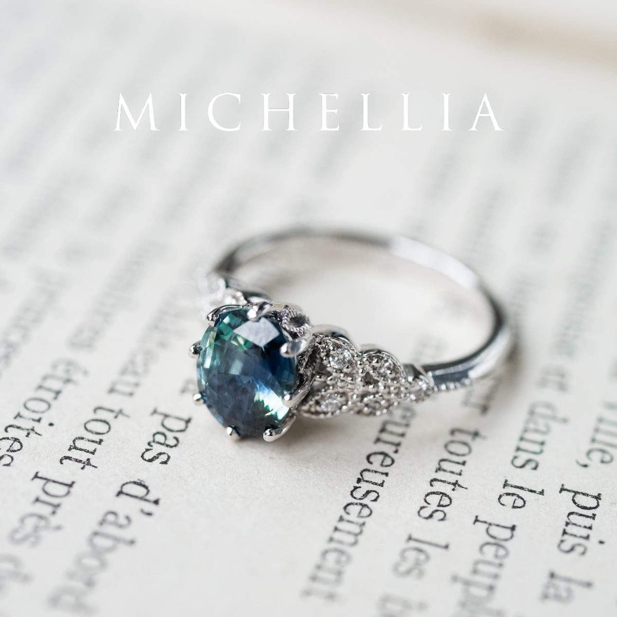 [Olivia] Enchanted Forest Natural 1.80ct Teal Sapphire Oval Floral Engagement Ring, 14K White Gold - One of A Kind & Ready-to-Ship