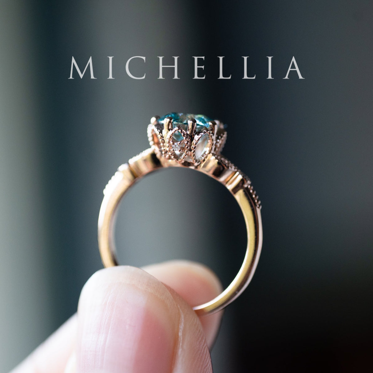 [Evanthe] Bloom of the Sea - IGI Certified Teal Blue Diamond Vintage Floral Engagement Ring, One of A Kind & Ready-to-Ship