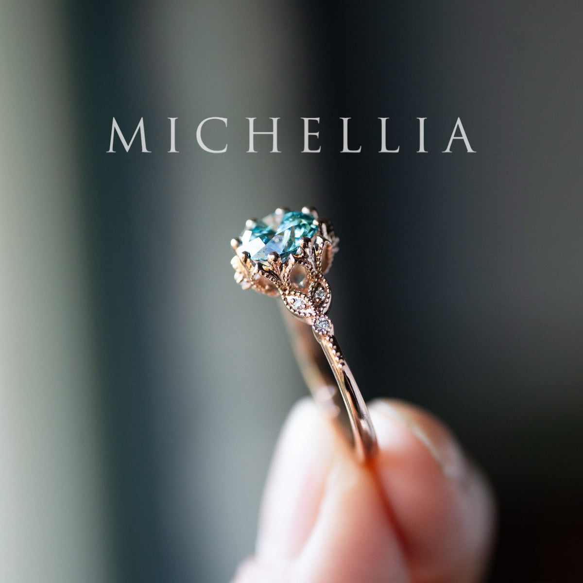 [Evanthe] Bloom of the Sea - IGI Certified Teal Blue Diamond Vintage Floral Engagement Ring, One of A Kind & Ready-to-Ship