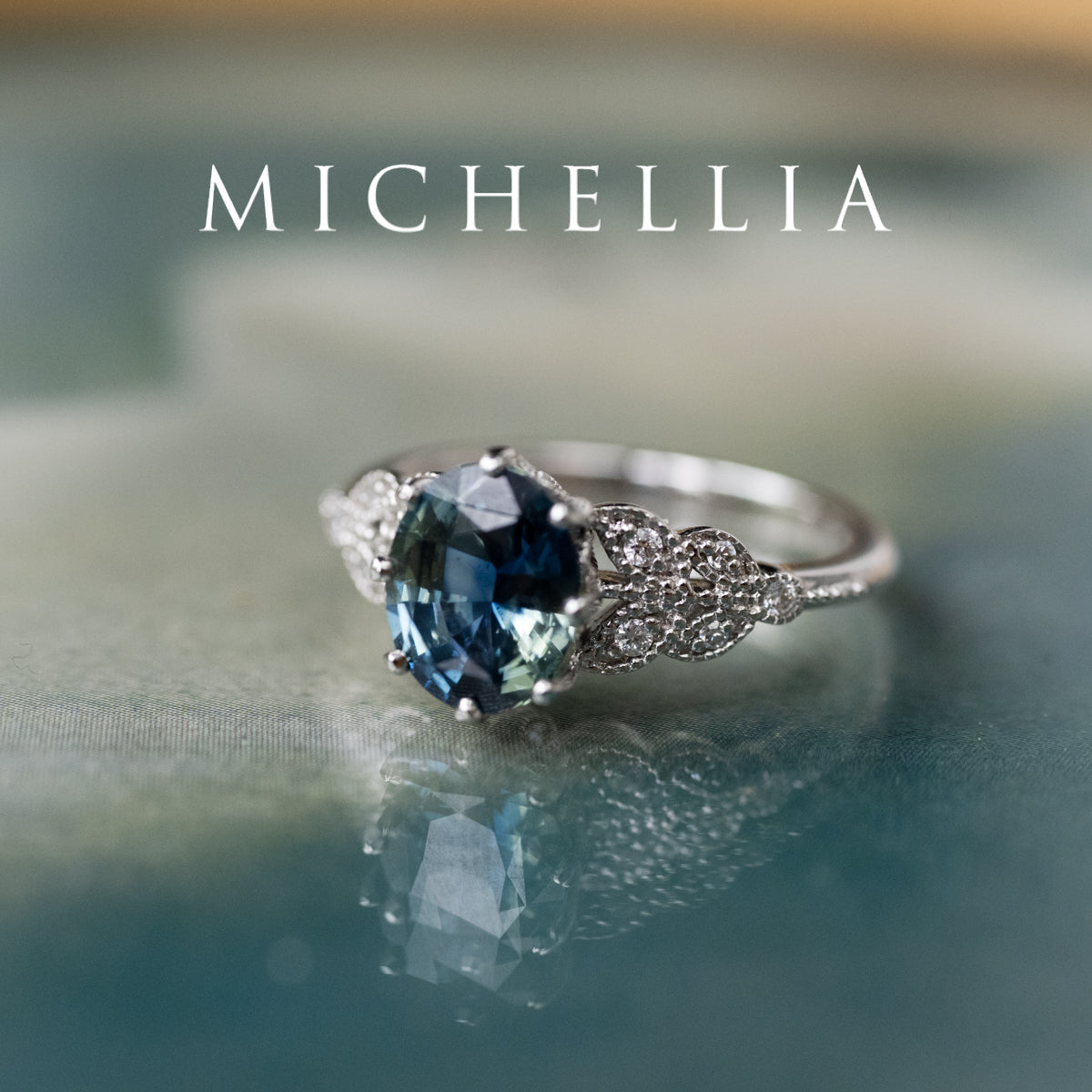 [Olivia] Enchanted Forest Natural 1.80ct Teal Sapphire Oval Floral Engagement Ring, 14K White Gold - One of A Kind & Ready-to-Ship