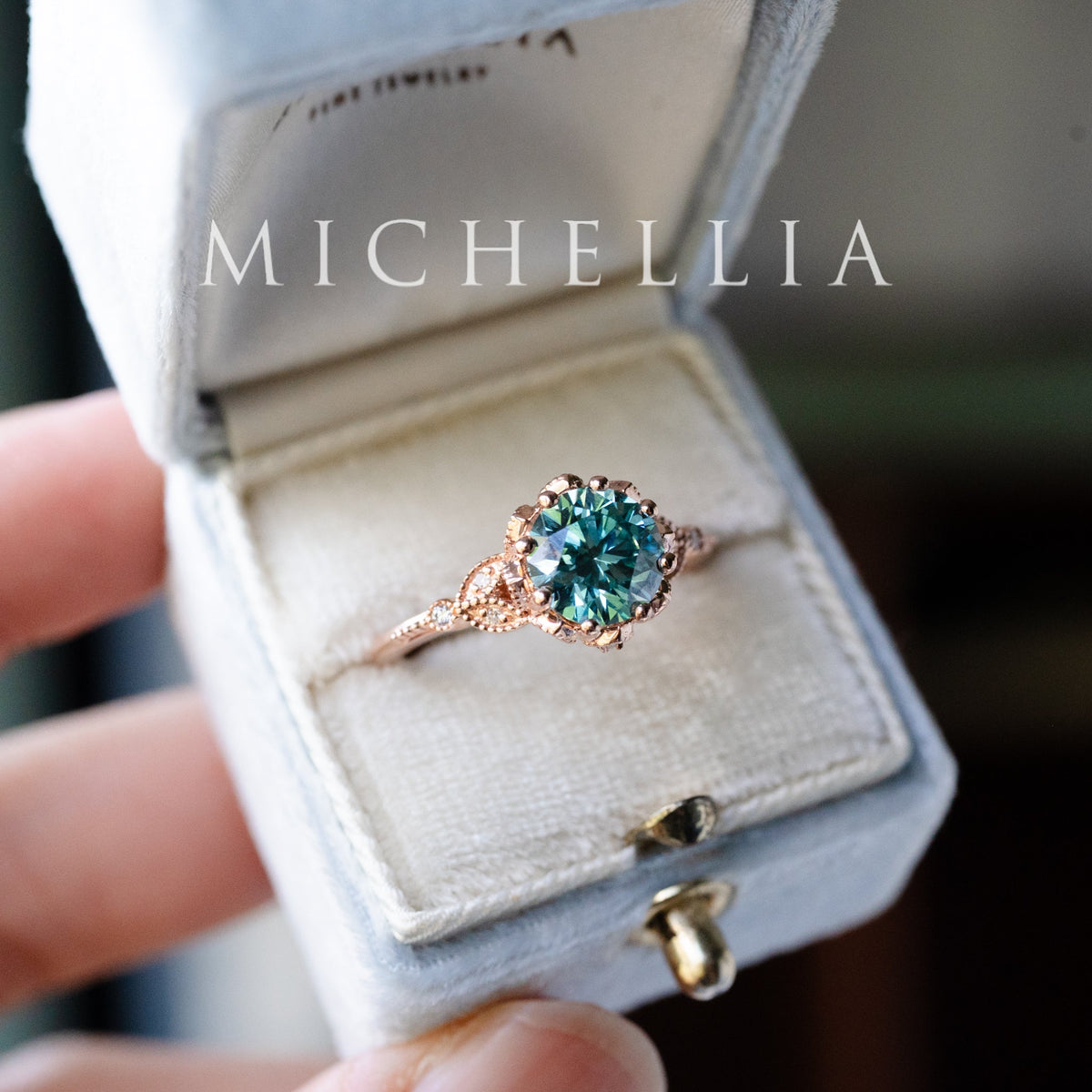 [Evanthe] Bloom of the Sea - IGI Certified Teal Blue Diamond Vintage Floral Engagement Ring, One of A Kind & Ready-to-Ship
