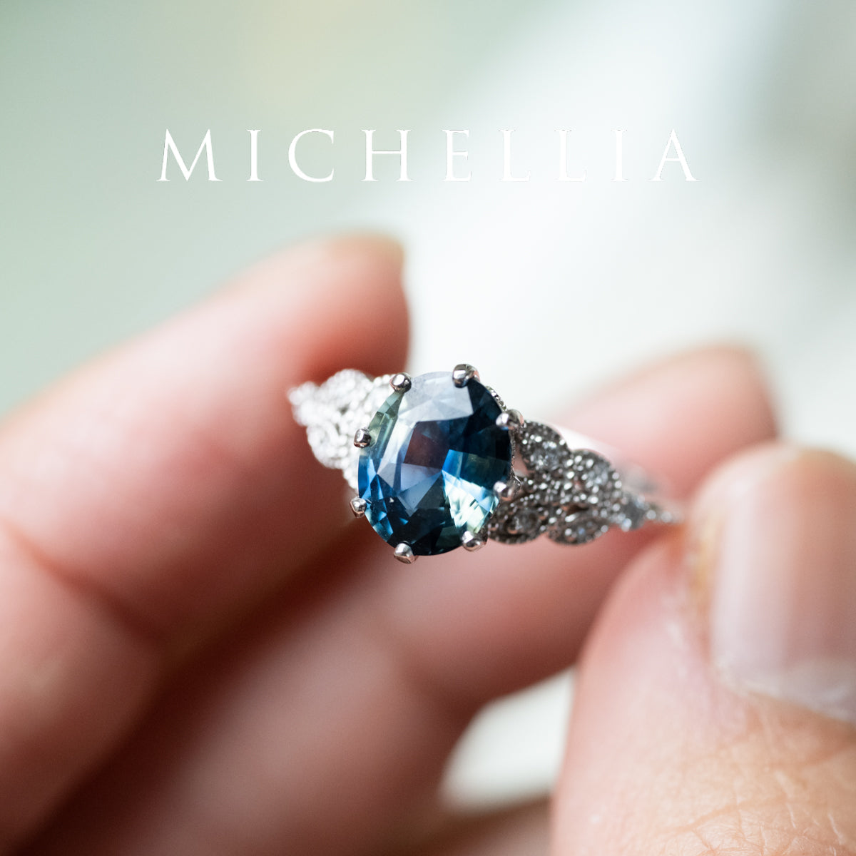 [Olivia] Enchanted Forest Natural 1.80ct Teal Sapphire Oval Floral Engagement Ring, 14K White Gold - One of A Kind & Ready-to-Ship
