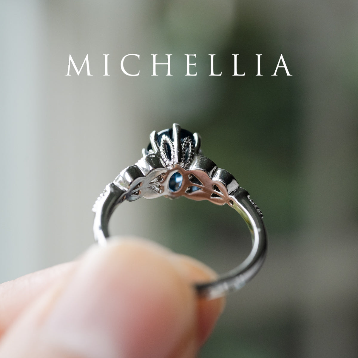 [Olivia] Enchanted Forest Natural 1.80ct Teal Sapphire Oval Floral Engagement Ring, 14K White Gold - One of A Kind & Ready-to-Ship