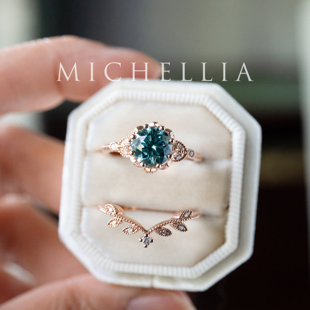 [Evanthe] Bloom of the Sea - IGI Certified Teal Blue Diamond Vintage Floral Engagement Ring, One of A Kind & Ready-to-Ship