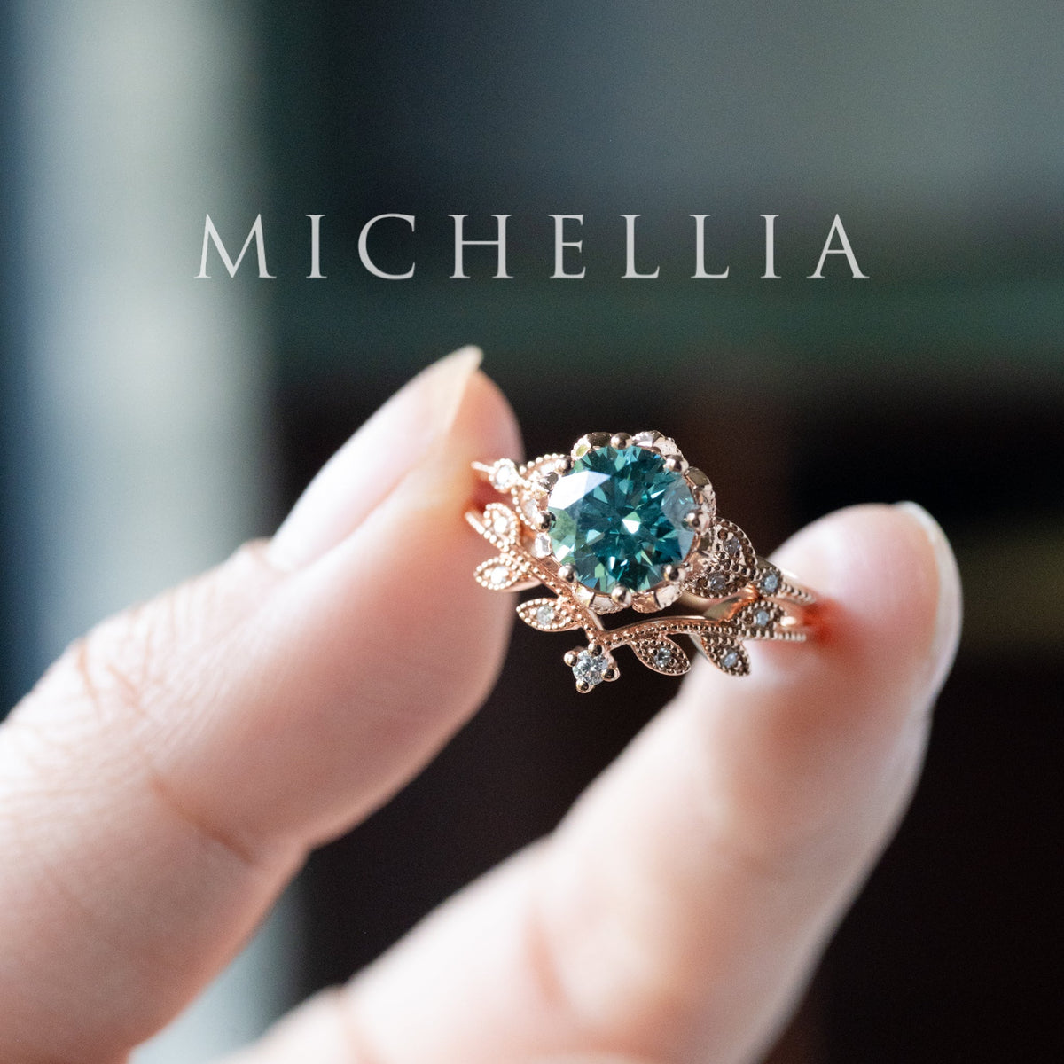 [Evanthe] Bloom of the Sea - IGI Certified Teal Blue Diamond Vintage Floral Engagement Ring, One of A Kind & Ready-to-Ship