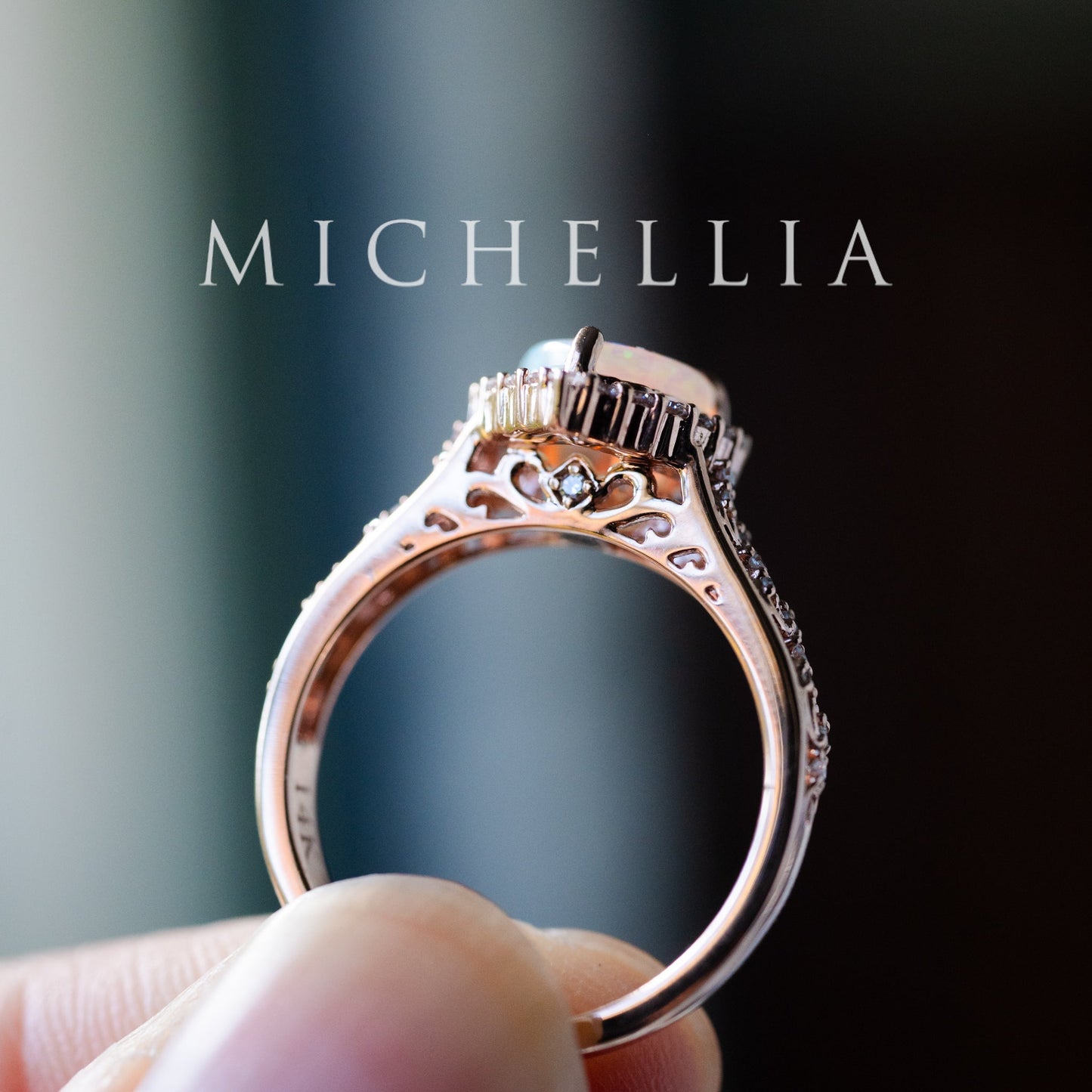 [Ophelia] Natural Australian Opal Heart Cut Rococo Engagement Ring, 14K Rose Gold - One of A Kind
