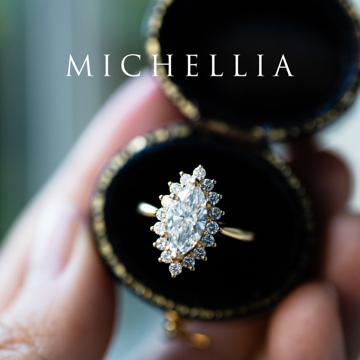 [Helena] Vintage Bloom Halo Marquise Engagement Ring in Diamond / Moissanite