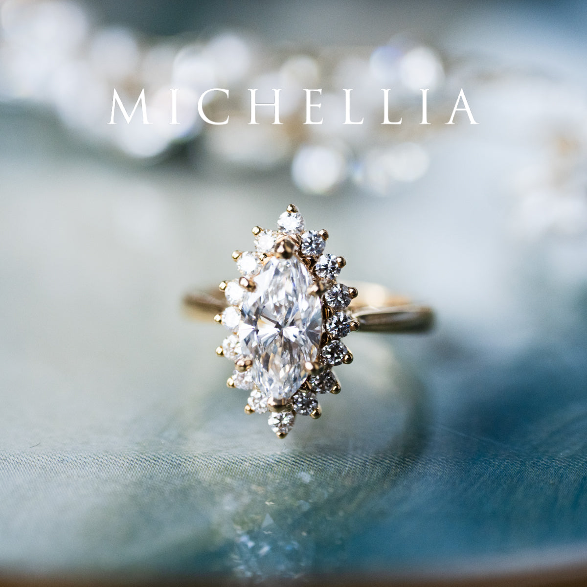 [Helena] Vintage Bloom Halo Marquise Engagement Ring in Diamond / Moissanite