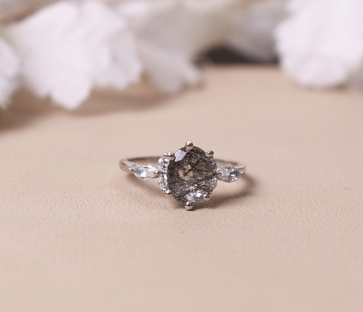 Unique Black Rutilated Quartz Engagement Ring For Women